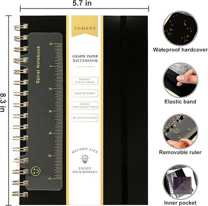 Yoment Graph Paper Spiral Notebook A5 Graphing Notebook 160 Pages Graph Paper Notebook Spiral Bound Waterproof Plastic Hardcover Spiral Journal 5x7 Grid Notebooks for Note Taking,Black
