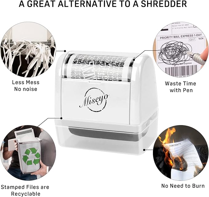 Miseyo Identity Theft Protection Roller Stamp Set - White (6 Refill Ink Incleded)