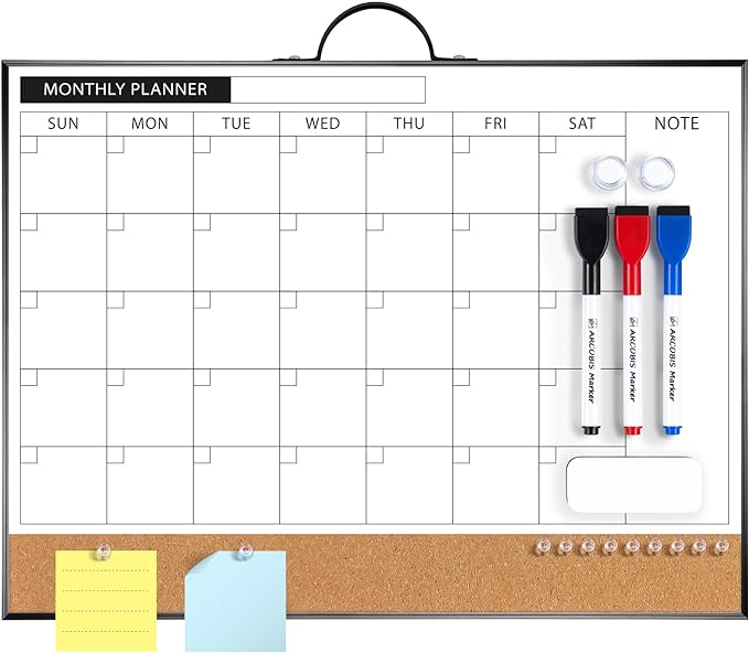 ARCOBIS Monthly Calendar Whiteboard Dry Erase Cork Board Combination for Wall, 12"x16" Magnetic Dry Erase Board, Double-Sided White Board, Portable Board for Planning, Office, School, Home, Black