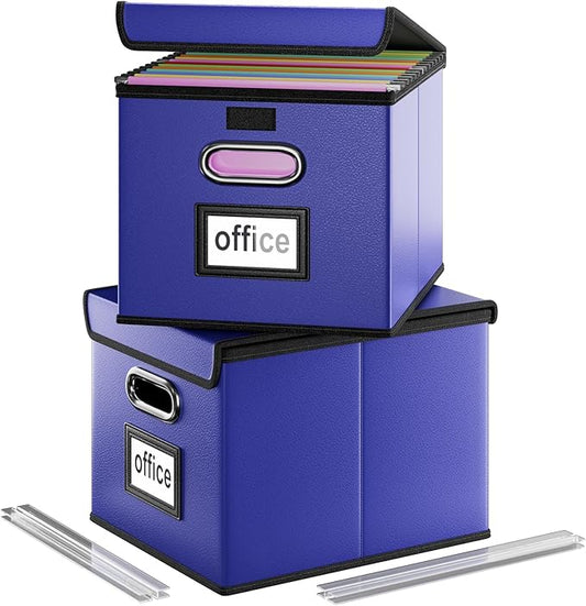 Huolewa Portable Leather File Organizer Boxes with Lids, Collapsible File Folder Organizer Boxes, Decorative Small Filing File Cabinet for Home/Office, Easily Store Documents/Hanging File Folders