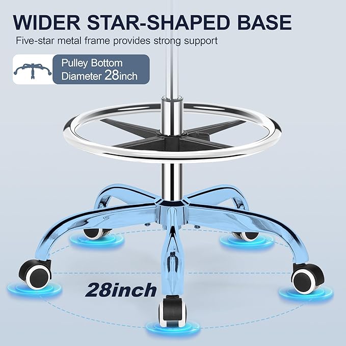 Drafting Chair with Backrest – Adjustable Foot Rest Rolling Stool with Wheels, PU Leather Swivel Stool for Office Spa Studio Lab Counter Salon Home Work Bar Kitchen Shop(White)