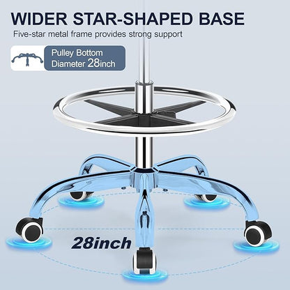 Drafting Chair with Backrest – Adjustable Foot Rest Rolling Stool with Wheels, PU Leather Swivel Stool for Office Spa Studio Lab Counter Salon Home Work Bar Kitchen Shop(White)