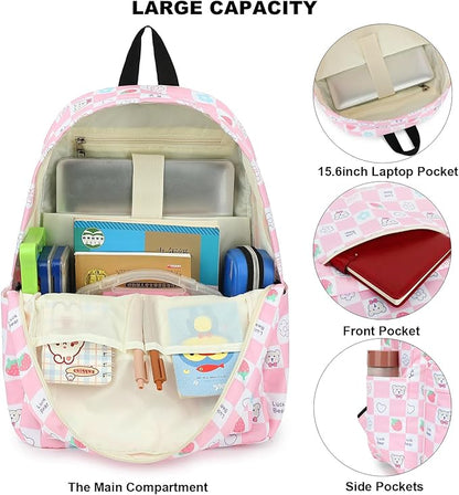 Checkered Bear School Backpack for Teens Girls, Womens College Bookbags Laptop Backpacks (Pink)