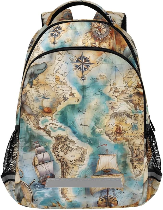 senya Travel Backpack Carry On Bookbags Sailboat Nautical Map Bagpack with Reflective Strip and Mesh Side Pockets
