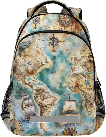 senya Travel Backpack Carry On Bookbags Sailboat Nautical Map Bagpack with Reflective Strip and Mesh Side Pockets