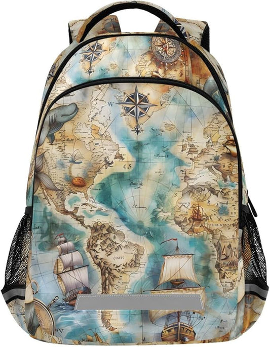senya Travel Backpack Carry On Bookbags Sailboat Nautical Map Bagpack with Reflective Strip and Mesh Side Pockets