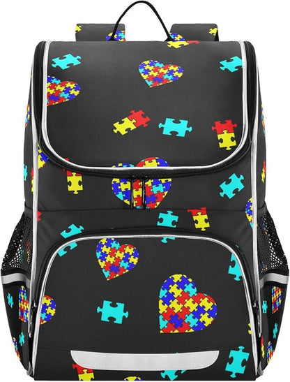 Autism Awareness Colorful Puzzle Backpack with Reflective Strip for Kids Boys Girls Elementary School Bag Removable Chest Strap