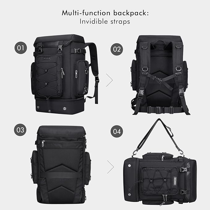 WITZMAN Travel Backpack for Men Women Carry on Bags for Airline Approved Convertible Duffle Luggage Backpack Shoe Compartment（B691 Classic Black）