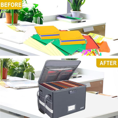 ENGPOW File Box with Lock,Fireproof Document Box with Pockets,Collapsible File Storage Organizer Box Filing Box with Handle,Portable Home Office Safe Box for Hanging Letter/Legal Folder,2 Pack(Gray)