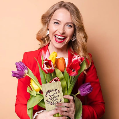 Mother's Day Gifts Card from Daughter or Son,Unique Card for Mum, Handmade Bamboo Wood Greeting Cards,Wooden Mother's Day Card,Laurel mom