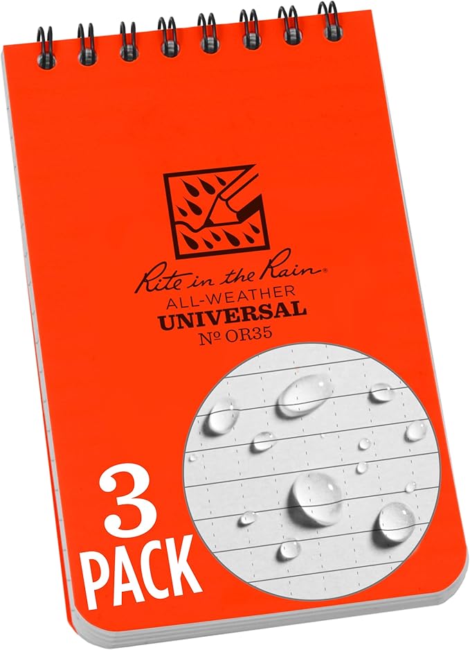 Rite in the Rain Weatherproof Top Spiral Notebook, 3" x 5", Orange Cover, Universal Pattern, 3 Pack (No. OR35-3X)