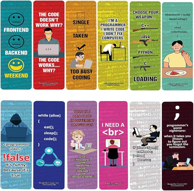 Creanoso Funny Coding Program Bookmarks (5-Sets X 6 Cards) – Daily Inspirational Card Set – Interesting Book Page Clippers – Great Gifts for Adults and Professionals