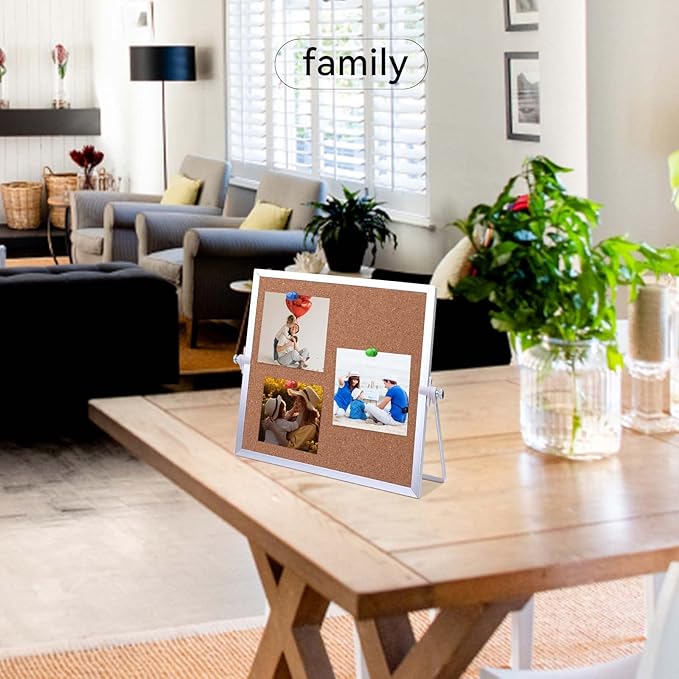 9.8"×9.8" Cork Board Bulletin Board, Double Sided Pin Board with Silver Aluminum Border, Desktop Small Cork Board with Stand Suitable for Home, Office, Desk Message Board or Picture Board