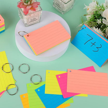 Index Cards 3x5 Inches, 300 Pcs Assorted Neon Color Ruled Index Cards with Ring,Heavy Note Cards, Lined Colored Index Flashcards,Study Cards,Memo Scratch Pad for Home Office School