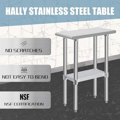 Hally Stainless Steel Table for Prep & Work 24 x 12 Inches, NSF Commercial Heavy Duty Table with Undershelf and Galvanized Legs for Restaurant, Home and Hotel