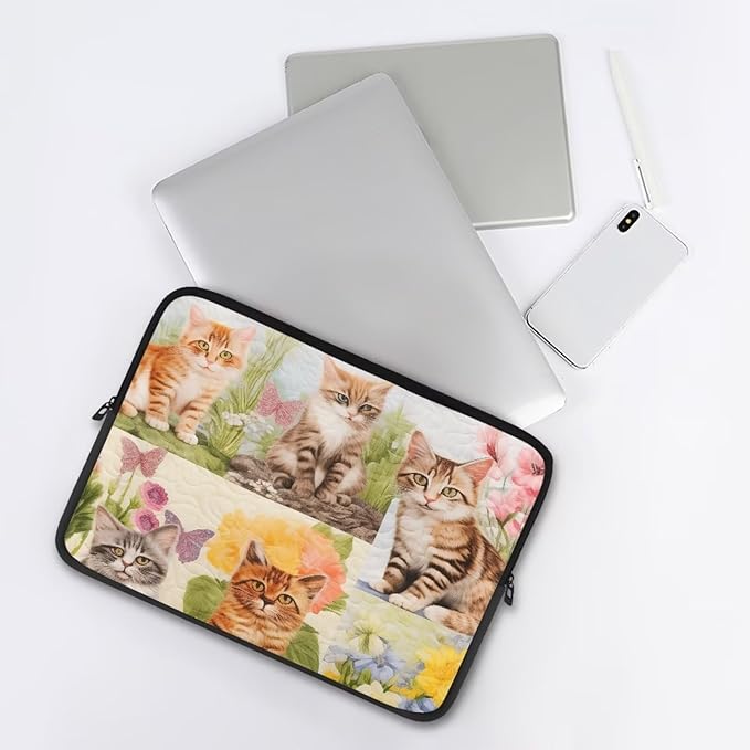 Cat Floral Printed Computer Case Bag for Girls Boys, Washable 10 Inch Laptop Bag Carrying Case Cute Laptop Briefcase Neoprene with Zipper, Compatible with Various Computers