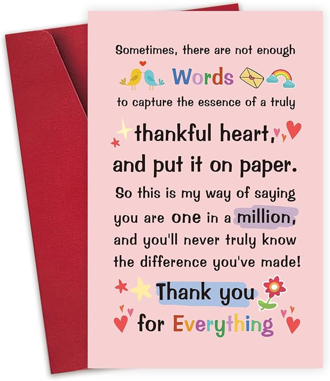 Thank You Card for Friend, Appreciation Cards for Boss Coworker, Poem Thank You Card Gift for Teacher, Sweet Friendship Cards for Him Her, One in A Million
