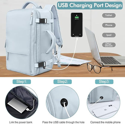 Travel Backpack for Men Women, TSA Friendly Flight Approved Carry-on Luggage Hand Backpack Underseat Personal Item, Business Work Gym Bag, Travel Essentials, Light Blue