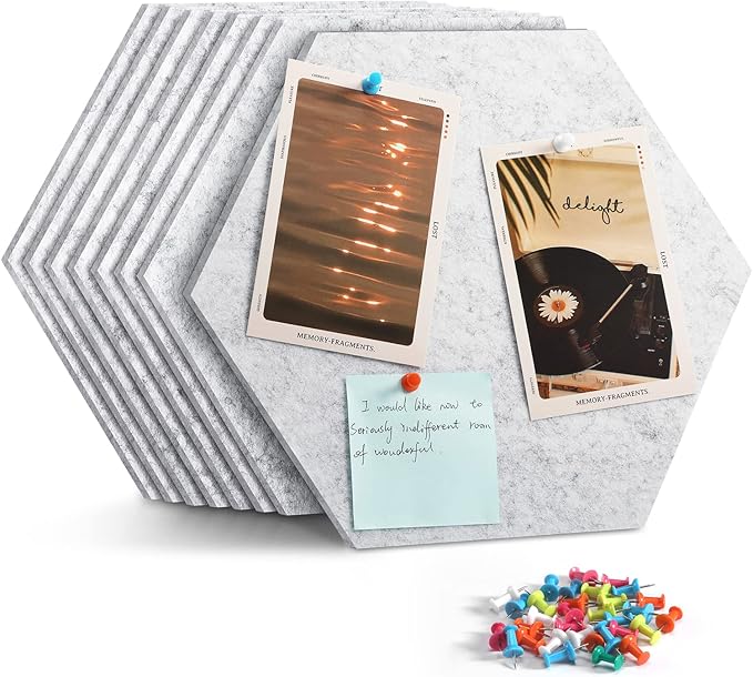 12" Large Bulletin Board with 30 Push Pins, Pack of 8 Hexagon Felt Pin Board Notice Boards for Home Office Kitchen, Felt Wall Tiles for Photos Memos