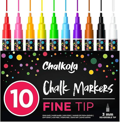 Chalkola 10 Fine Tip Liquid Chalk Markers for Blackboard, Chalkboard Signs, Window, Labels, Bistro, Glass, Car (10 Pack 3mm) - Wet Wipe Erasable Ink Chalkboard Markers, 3mm Reversible Tip Chalk Pens