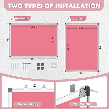 WALGLASS Magnetic Whiteboard 24"x18" Dry Erase White Board for Walls with Pen Tray, Aluminium Frame and Dry-Wipe Writing Surface for Kids' Drawing, Home, and Office (Pink)