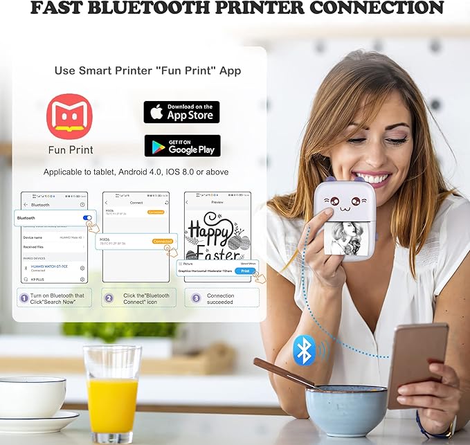 Mini Printer, Mini Printer with Stickers, Portable Inkless Thermal Printer with 10 Rolls Paper, Study Printer for Notes, Journal, DIY, Kids Gift, Compatible with Android & iOS
