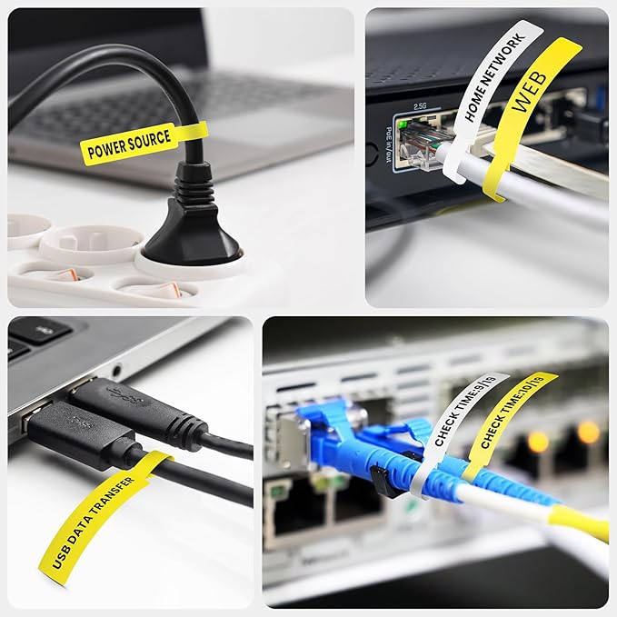 Clabel Printable Cable Labels 6 Rolls of Thermal Self-Adhesive Paper Labels Tape, 25x78mm (1"x3") 100 Sheets Per Roll, Black Print on Yellow Sticker Tags Durable for Cables Management