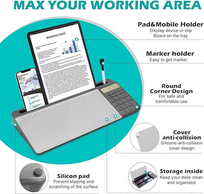 Desktop Glass Whiteboard with Calculator(12 Digit LCD Display) & Ruler Marker,Tilted Notepad Computer Keyboard Stand with Dry Erase Board Surface, Desk Organizers with Accessories,Gray