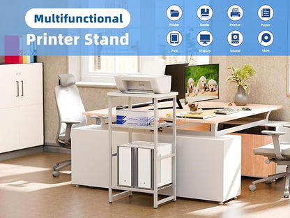3-Tier Heavy-Duty Printer Stand – Multi-Functional Office Organizer with Wood Top, Perfect for Desk Underneath Storage,White with White Board