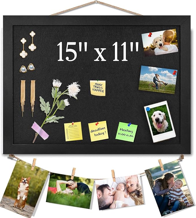 Black Bulletin Boards Cork Board with Felt, 15"x11" Small Display Pin Board Vision Board for Walls, Jewelry, Notes, Collection, Photos, Office, Wood Framed(Black) & Felt(Black), 1pc