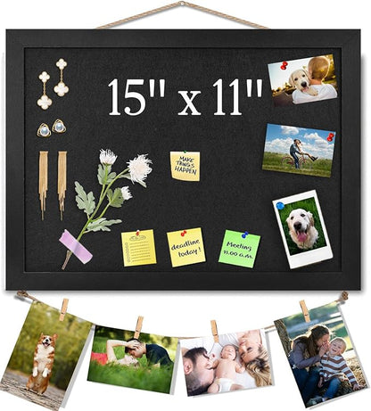 Black Bulletin Boards Cork Board with Felt, 15"x11" Small Display Pin Board Vision Board for Walls, Jewelry, Notes, Collection, Photos, Office, Wood Framed(Black) & Felt(Black), 1pc