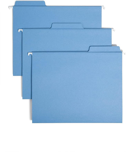 Smead FasTab Hanging File Folder, 1/3-Cut Built-in Tab, Letter Size, Blue(64099), (Pack of 10, 200 Count Total)