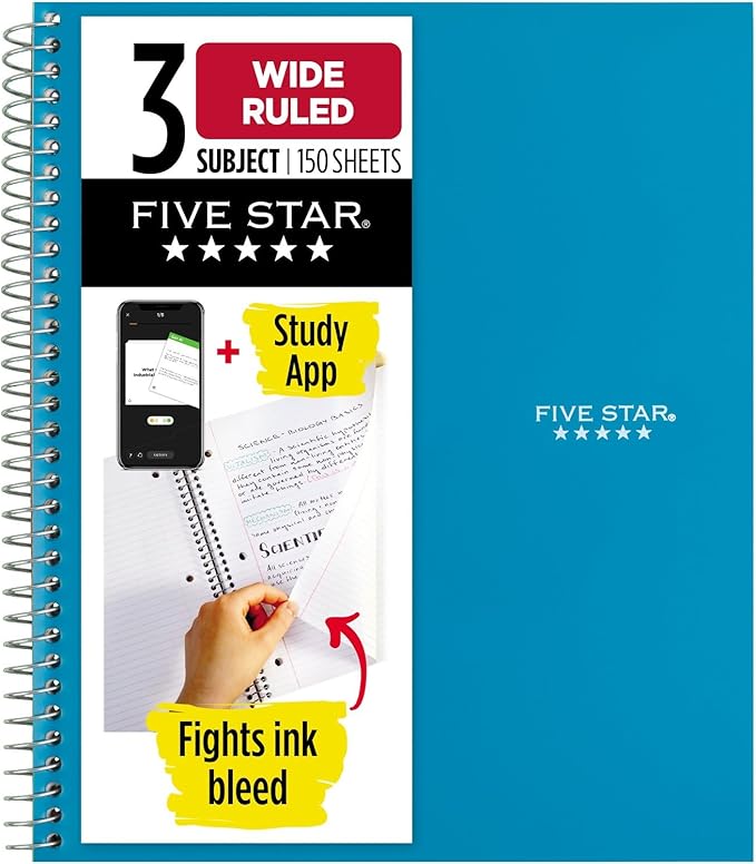 Five Star Spiral Notebook + Study App, 3 Subject, Wide Ruled Paper, 150 Sheets, 10-1/2" x 8" Sheet Size, Tidewater Blue (73184)