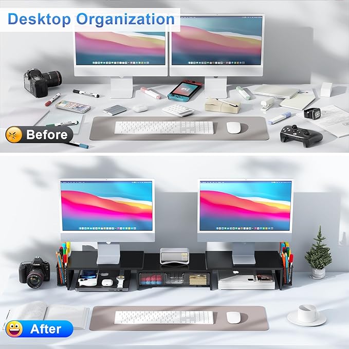 gianotter Dual Monitor Stand Riser, Desk Organizer With Drawer and 2 Pen Holders, Computer Monitor Stand, Desk Shelf for Top of Desk, Balck