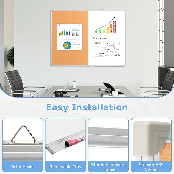 DOLLAR BOSS Foldable Cork Board White Board Combo 60 x 40 Inch Extra Large Magnetic Whiteboard Dry Erase Bulletin Board Portable Double Sided Aluminum Frame Pin Board for School Office with Markers