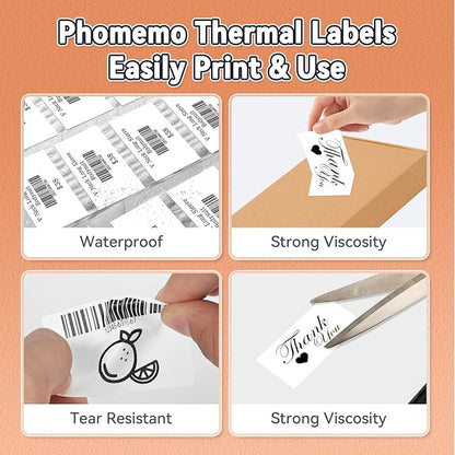 Phomemo Thermal Labels, Address Barcode Thermal Stickers for M220/M221/M200/M250 Label Printer Machine, 2.75"x1.57"(70x40mm),180 Labels/Roll, for Barcode/Address/Mailing/Logo,Black on White