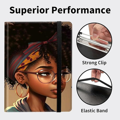 Padfolio Folder with Clipboard,Portfolios Organizer Clipboards with Storage Clipboard Writing Pad PU Leather Conference Document Organizer with Business Card Holder,African Black Woman