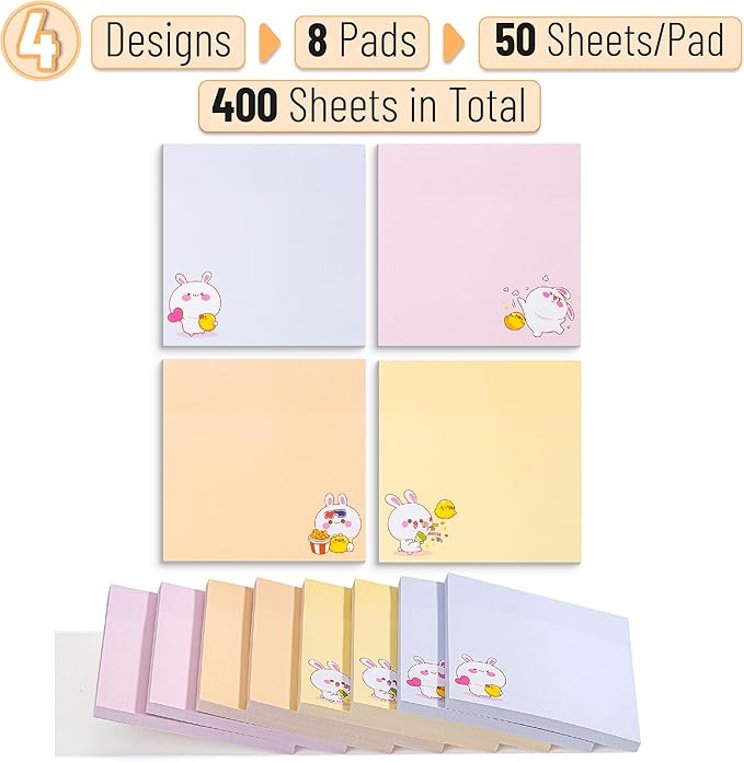 Mr. Pen- Sticky Notes, 3”x3”, 8 Pads, 400 Sheets, Cute Rabbit Sticky Notes, Sticky Pads Sticky Notes Aesthetic, Colorful Sticky Notes Bulk Sticky Notes Cute Sticky Notes for Women