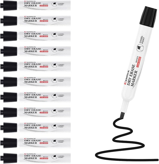 Comix Low Odor Dry Erase Markers, 12 Bulk Black Color Whiteboard Markers, Chisel Tip Thick Markers for Kids Teachers