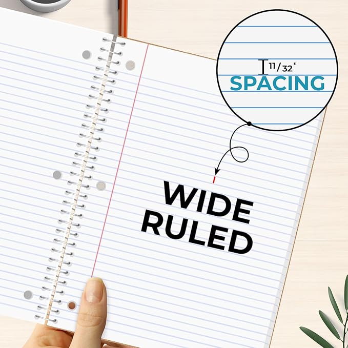 1 Subject Spiral Notebook, 12 Pack, Wide Ruled, Water Resistant Cover, Thick 140 Pages/Book (70 Sheets), 8 x 10-1/2, 3 Hole, Assorted Colors, Bulk School & Office