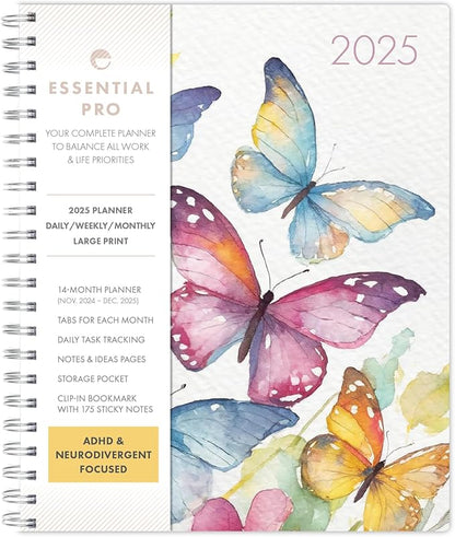 Essential PRO 2025 Daily, Weekly & Monthly Planner, 8.5"x11": 14 Months (Nov 2024 - Dec 2025) Monthly Tabs,Daily Tracking,Notes Pages,Storage Pocket,Bookmark w Sticky Notes (Watercolor Butterflies)