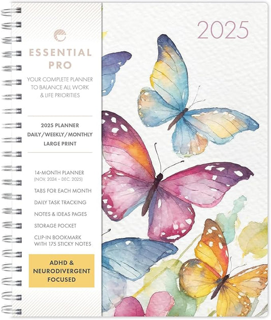 Essential PRO 2025 Daily, Weekly & Monthly Planner, 8.5"x11": 14 Months (Nov 2024 - Dec 2025) Monthly Tabs,Daily Tracking,Notes Pages,Storage Pocket,Bookmark w Sticky Notes (Watercolor Butterflies)