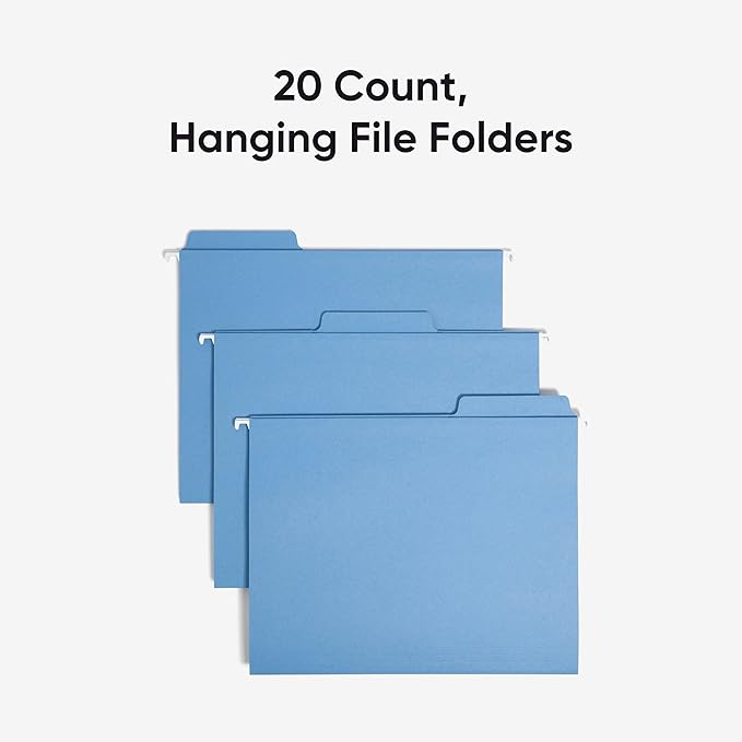 Smead FasTab Hanging File Folders, 20 Count, Blue, 1/3-Cut Built-in Tabs, Letter Size (64099)