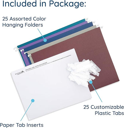 25 Blue Summit Supplies Letter Size Hanging File Folders - Hanging File Folders Letter Size, Assorted Jewel Tone Colors, Includes Plastic Tabs and Inserts, Durable 12pt Paper