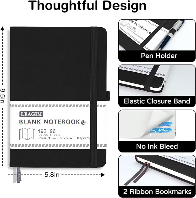 Blank Journal Notebook, A5, 192 Pages 100 GSM Thick Sketch Book for Women Men, Hardcover Leather Unlined Journaling for Work, Notebooks for Writing, 5.8 inches x 8.5 inches (Black)