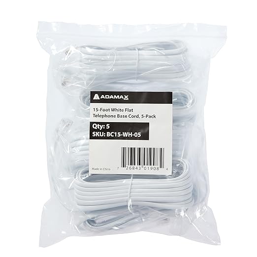 Newhouse Hardware 15 ft Telephone Extension Cord, with RJ11 (6P4C) Connectors, Works with Telephones, Fax Machines, Modems, 5-Pack, White