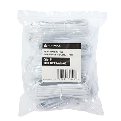 Newhouse Hardware 15 ft Telephone Extension Cord, with RJ11 (6P4C) Connectors, Works with Telephones, Fax Machines, Modems, 5-Pack, White