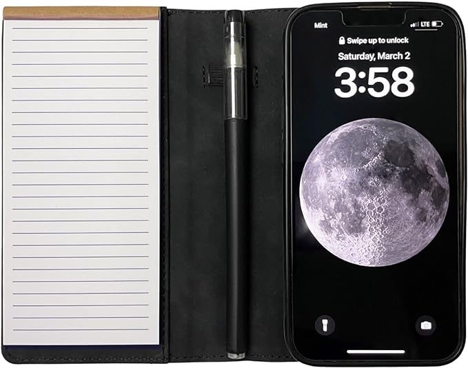 MOJO Notepad Phone Case for iPhone 15 - Folding Wallet Phone Case with Mini Pen and Note Pad (Black)