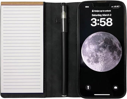 MOJO Notepad Phone Case for iPhone 15 - Folding Wallet Phone Case with Mini Pen and Note Pad (Black)