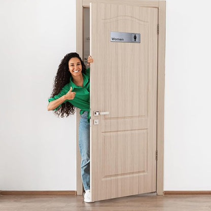 Brushed Aluminum Restroom Signs, Men and Women Modern Restroom Sign, 9 x 3 Inch Bathroom Door Signage Decor for Offices Business Restaurants (4 Pcs)